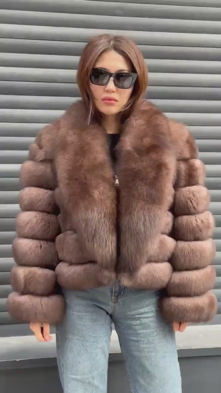 Mink Brown Fox Fur Jacket: Short With Detachable Sleeves Fox Fur Coat, Women Fox Fur Jacket.. Soft Fox Fur