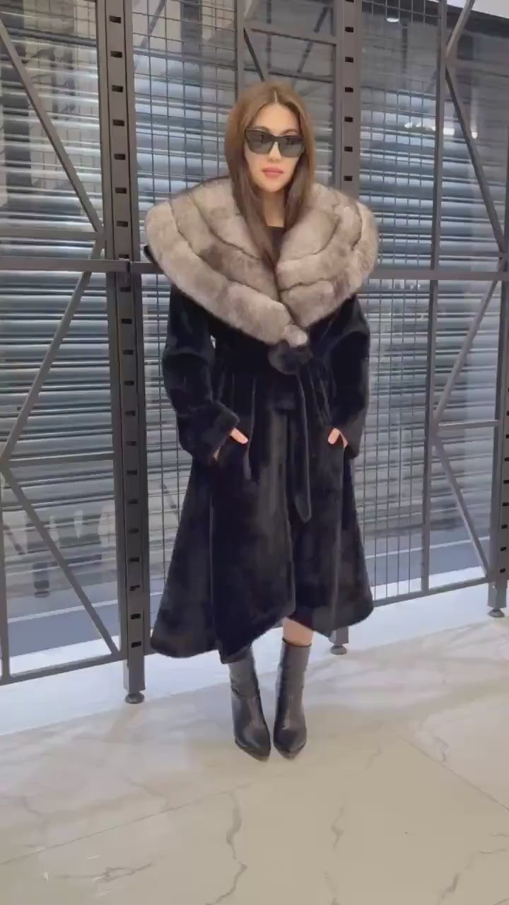 Black Long Alcantara Flared Coat, Collar Fox Fur Jacket, Women Fox Fur Jacket.. Fox Fur