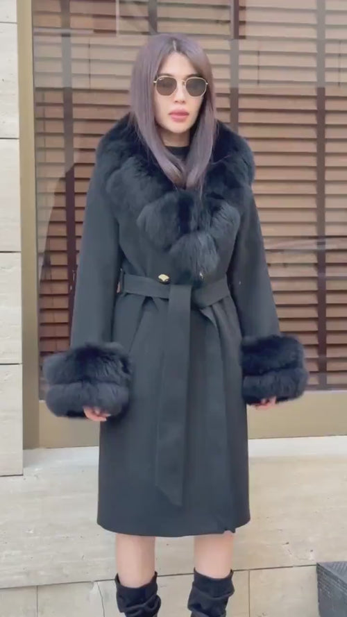 Black Cashmere Wool Coat, Collar&Cuffs Fox Fur Jacket, Black Fox Fur Coat.- Women Fox Fur Jacket.- Fox Fur Coat
