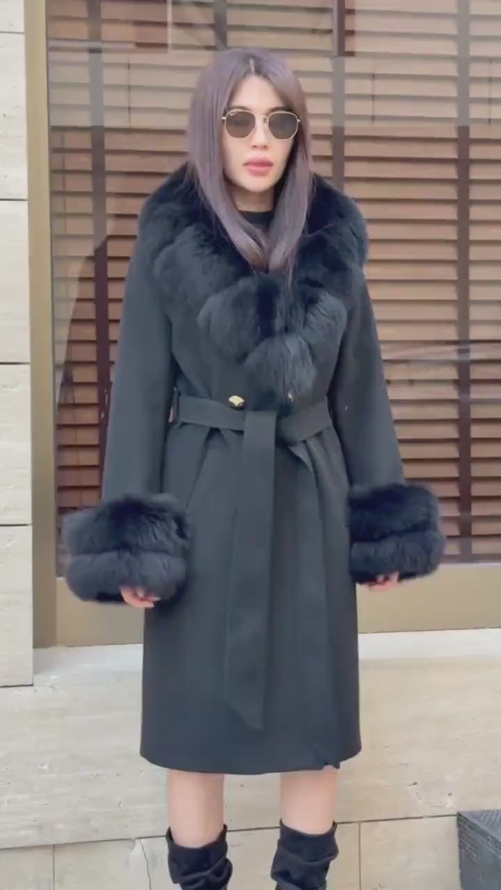 Black Cashmere Wool Coat, Collar&Cuffs Fox Fur Jacket, Black Fox Fur Coat.- Women Fox Fur Jacket.- Fox Fur Coat