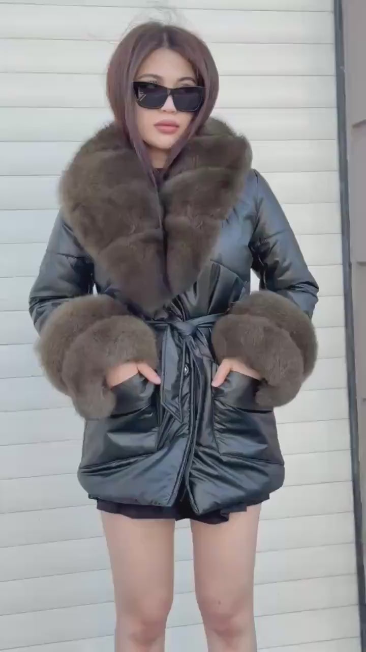 Glam Black Puffer Coat, Women’s Handmade Short Collar Cuffs Fox Fur Jacket
