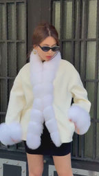 White Fur Trim Cashmere Jacket, Women’s Handmade Short Wool & Fox Fur Coat