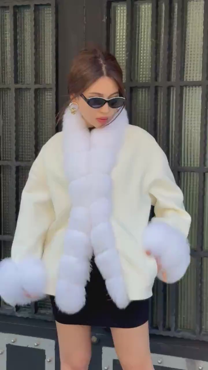 White Fur Trim Cashmere Jacket, Women’s Handmade Short Wool & Fox Fur Coat