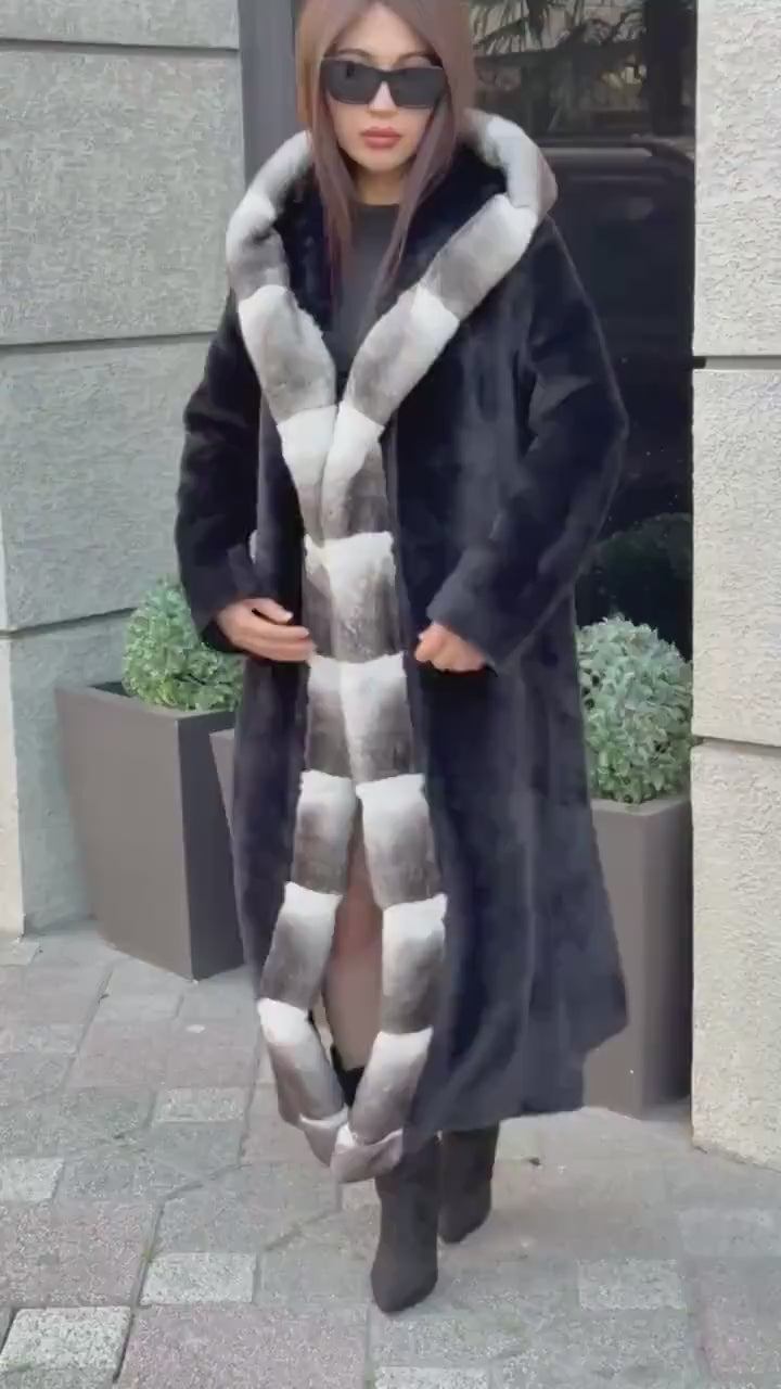 Black Long Hooded Alcantara Coat , Luxury Women’s Hooded Orylag Rex Fur Jacket