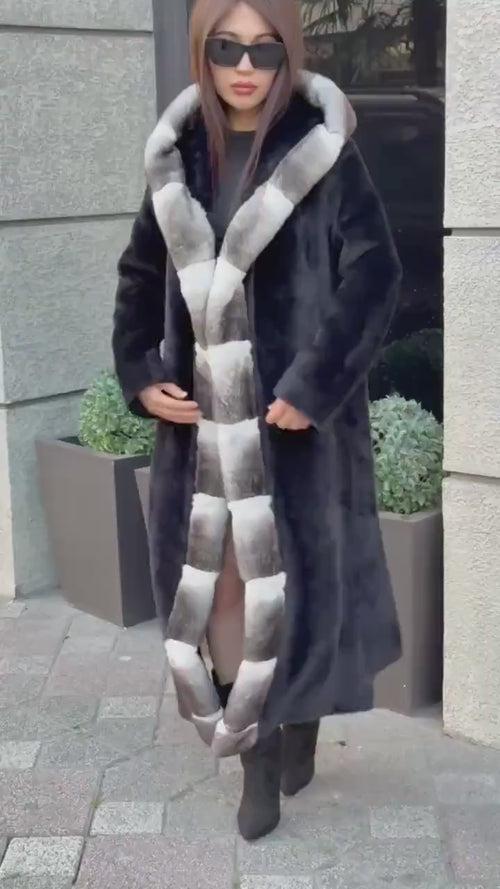 Black Long Hooded Alcantara Coat , Luxury Women’s Hooded Orylag Rex Fur Jacket
