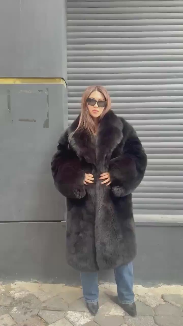 Long Black Fox Fur Coat, Unisex Fox Fur Jacket. Women Fox Fur Jacket, Men Fox Fur Coat