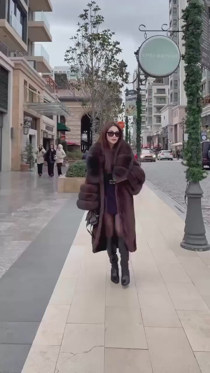Luxury Women’s Long Brown Faux Mink Coat with Genuine Fox Fur Collar & Cuffs | Sable Fox Fur Jacket