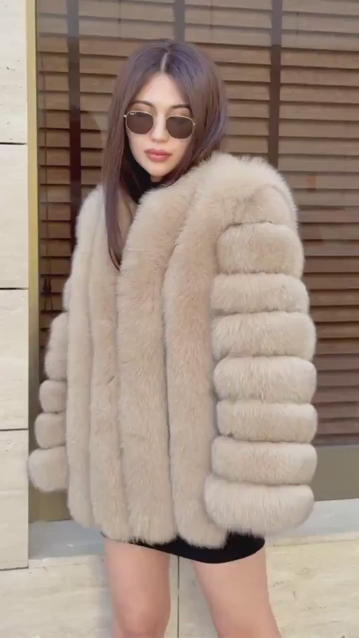 Camel Fox Fur Jacket, Short Handmade Fox Fur Coat, Women Fox Fur Jacket, Vertical Fox Fur Coat