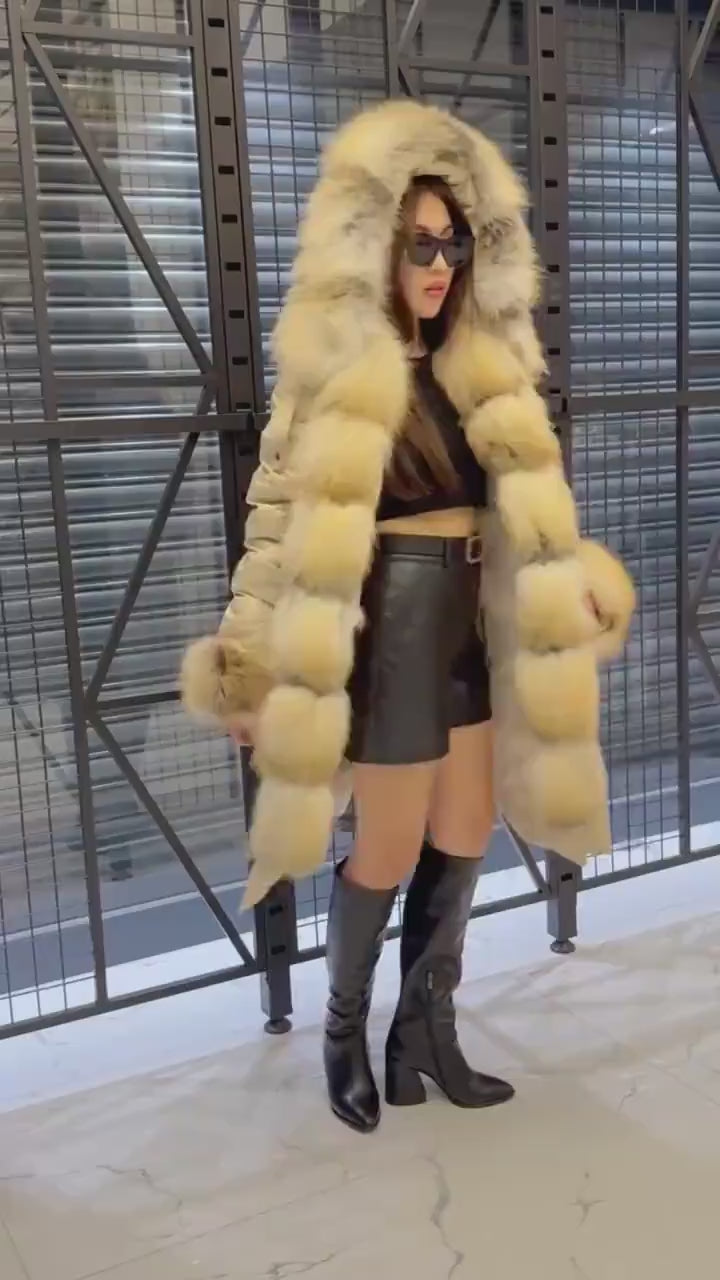 Beige Parka Puffer Coat, Women’s Hooded Front Cuffs Gold Fox Fur Jacket