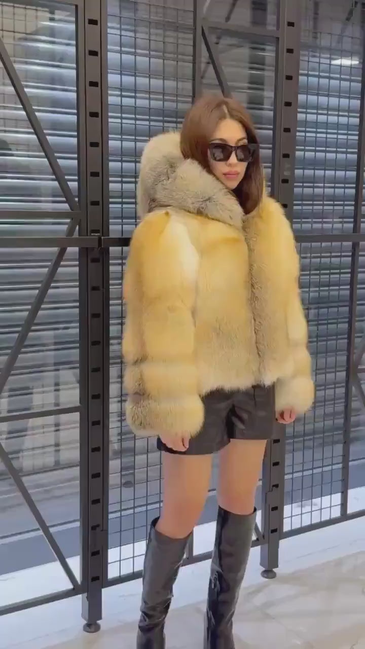 Women’s Gold Fox Fur Jacket, Handmade Short Hooded Golden Fur Coat