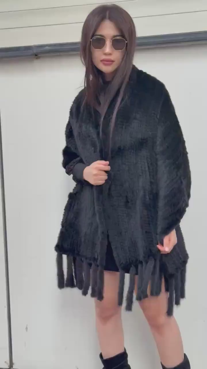 Black / Brown Real Mink Fur Shawl Cape with Fringe and Pockets – Luxury Winter Wrap Handmade Elegant Soft Genuine Fur Cloak Poncho