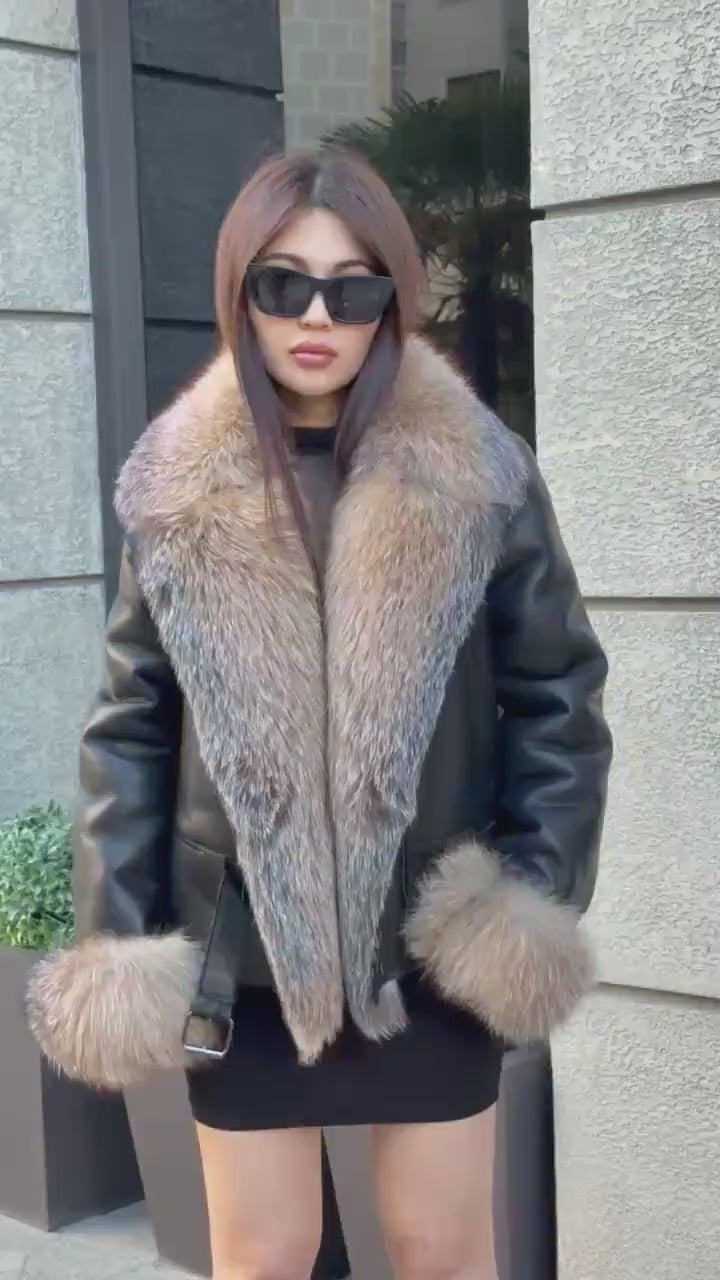 Black Women’s Shearling Coat, Handmade Lamb Short Front Fox Fur Jacket
