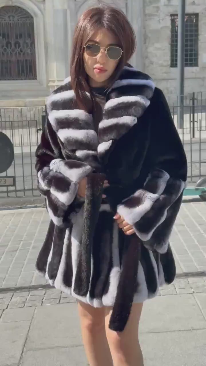 Women’s Black Faux Mink Fur Coat: Handmade Genuine Gray Rex Trim Jacket