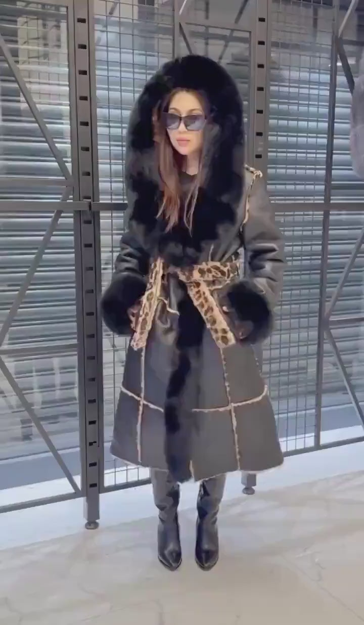 Black Hooded Shearling Coat Fox Fur Trim, Luxury Long Winter Lamb Fur Jacket
