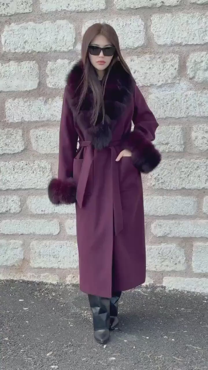 Burgundy Cashmere Collar&Cuffs Fox Fur Coat- Women Fox Fur Jacket. - Premium Burgundy Fox Fur Jacket