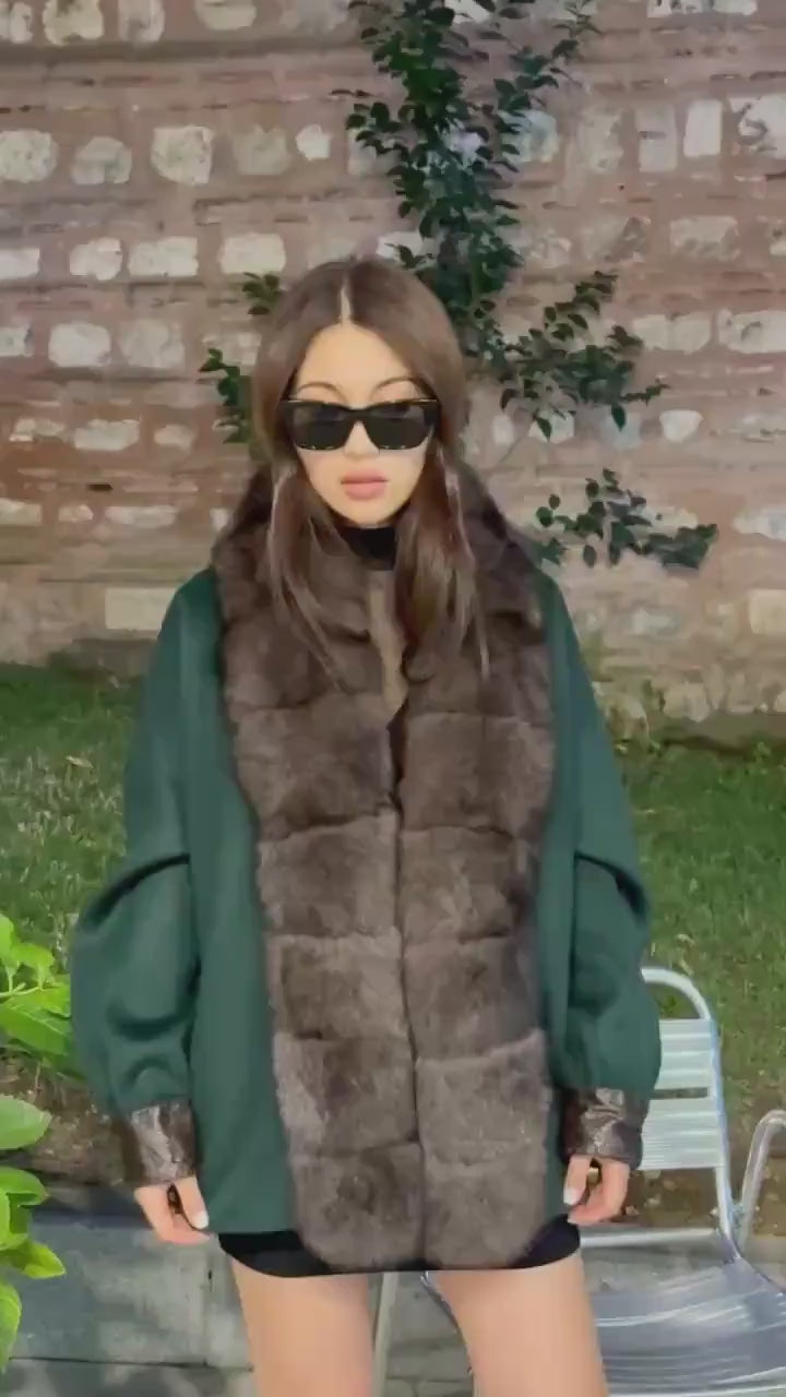 Emerald Green Zibellino Alpaca Jacket, Women’s Handmade Short Virgin Wool & Front Fox Fur Coat