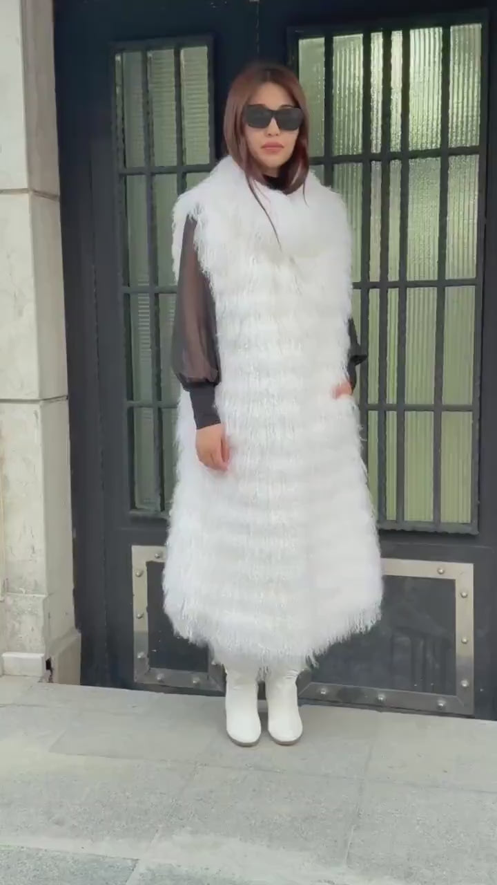 Long White Tibetan Lamb Fur Vest – Genuine Shearling Sleeveless Coat, Handmade Women’s Luxury Mongolian Tibetan Fur Outerwear | Gift For Her
