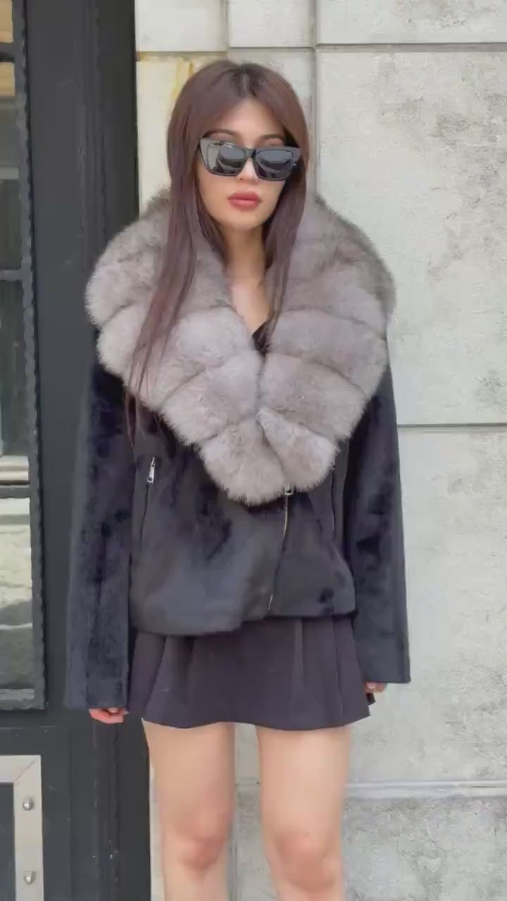 Black Alcantara Short Jacket, Collar Fox Fur Jacket./ Women Fox Fur Jacket.. Genuine Fox Fur