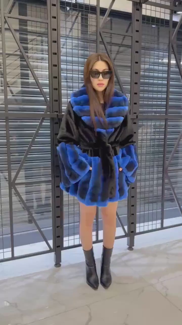 Women’s Black Faux Mink Fur Coat: Handmade Genuine Sax Blue Rex Fur Trim Jacket