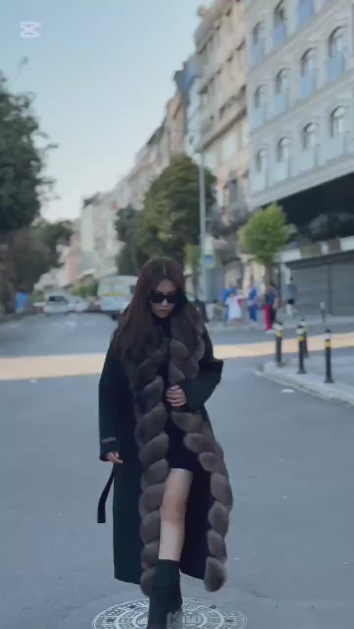 Black Long Alpaca Wool Coat, Front Fox Fur Jacket. / Long Fox Fur Coat | Women Fox Fur Jacket..| Sable Brown Fox Fur Jacket