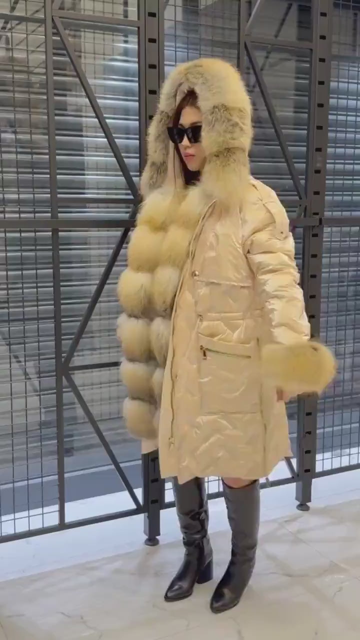 Glam Beige Parka Puffer Coat, Women’s Hooded Front Cuffs Gold Fox Fur Jacket