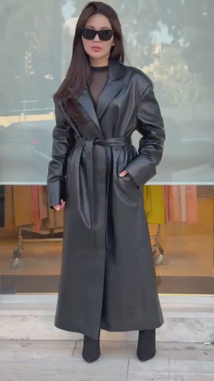 Black Handmade Genuine Sheepskin Leather Trench Coat for Women – Long Real Leather Belted Overcoat – Handmade Luxury Winter Jacket