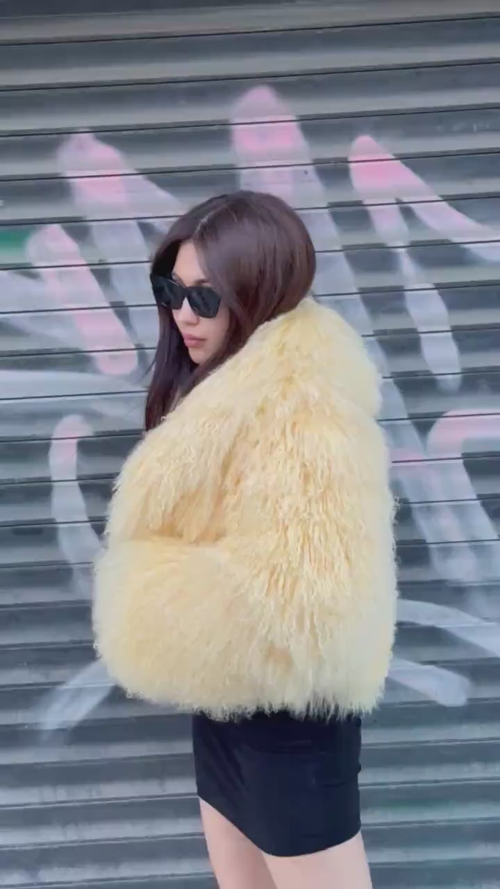 Yellow Tibetan Fur Coat, Handmade Women’s Shaggy Mongolian Lamb Fur Jacket