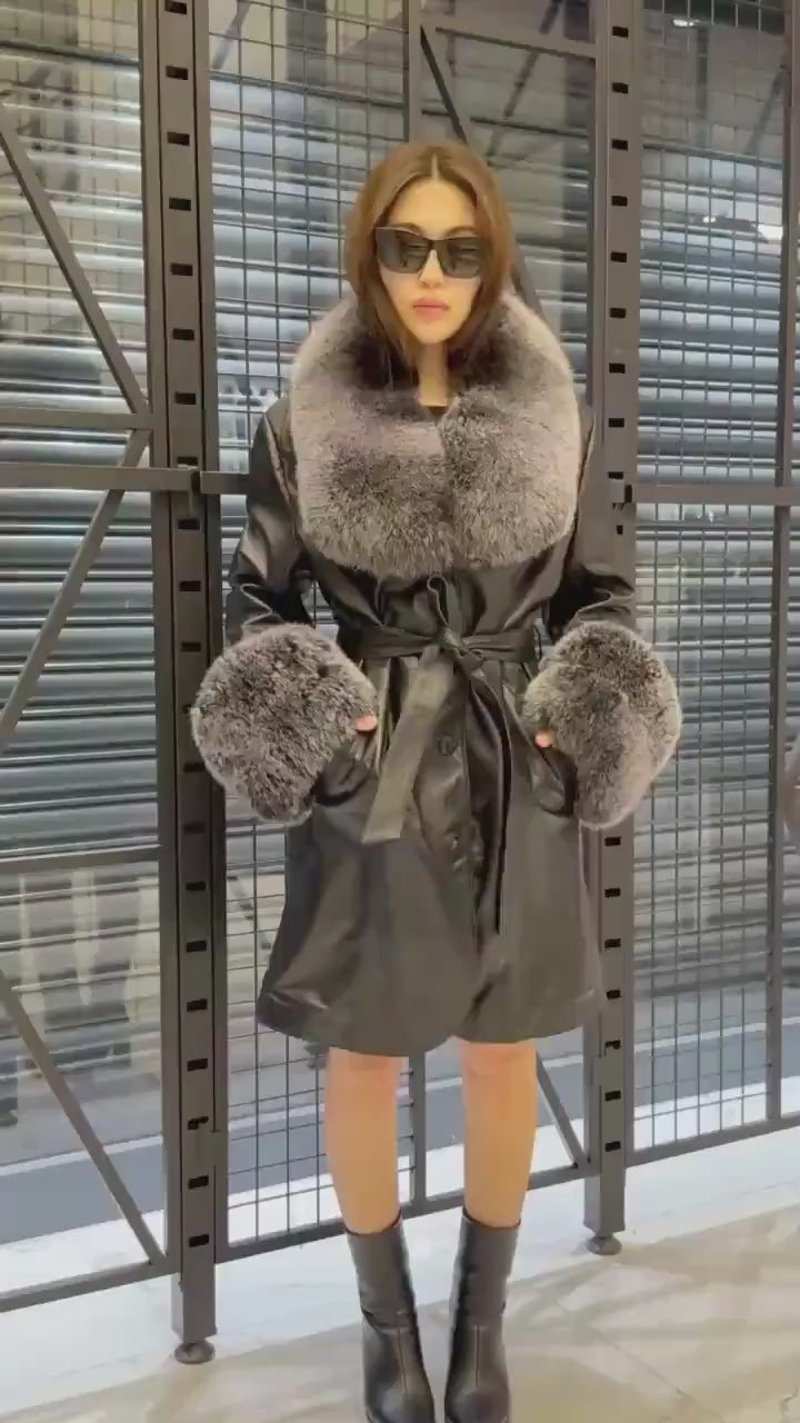 Handmade Black Leather Coat For Women, Collar Cuffs - Frost Fox Fur Jacket