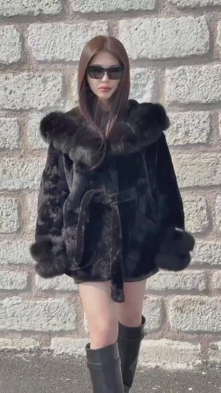 Luxury Black Alcantara Cape Coat with Fox Fur Hood & Cuffs | Women’s Beige Winter Fox Fur Jacket
