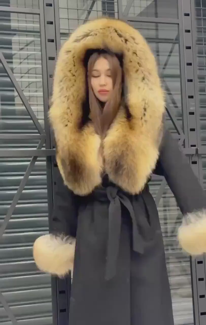 Black Cashmere Coat & Hood Cuffs Fox Fur Jacket, Women Fox Fur Jacket, Gold Raccoon Fox Fur Jacket.. Premium Fox Fur Coat