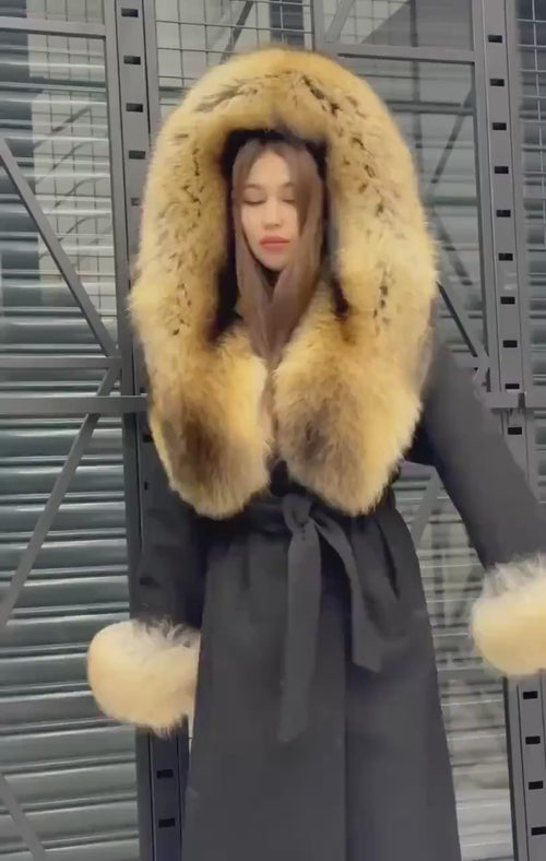 Black Cashmere Coat & Hood Cuffs Fox Fur Jacket, Women Fox Fur Jacket, Gold Raccoon Fox Fur Jacket.. Premium Fox Fur Coat