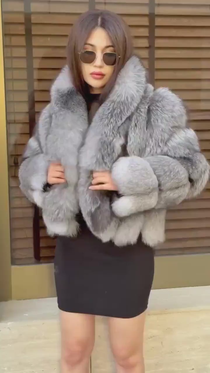 Women’s Silver Fox Fur Jacket, Handmade Short Winter Frost Fur Coat
