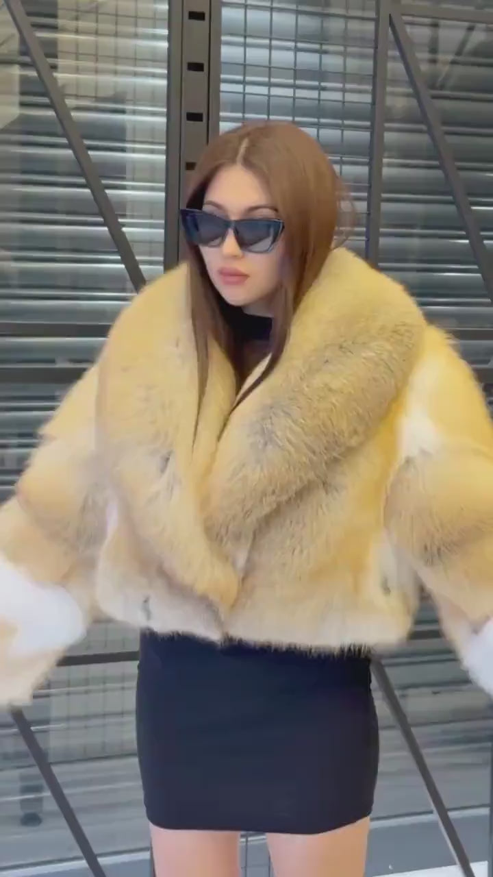 Luxury Gold Fox Fur Jacket | Handmade Cropped Women’s Short Designer Coat