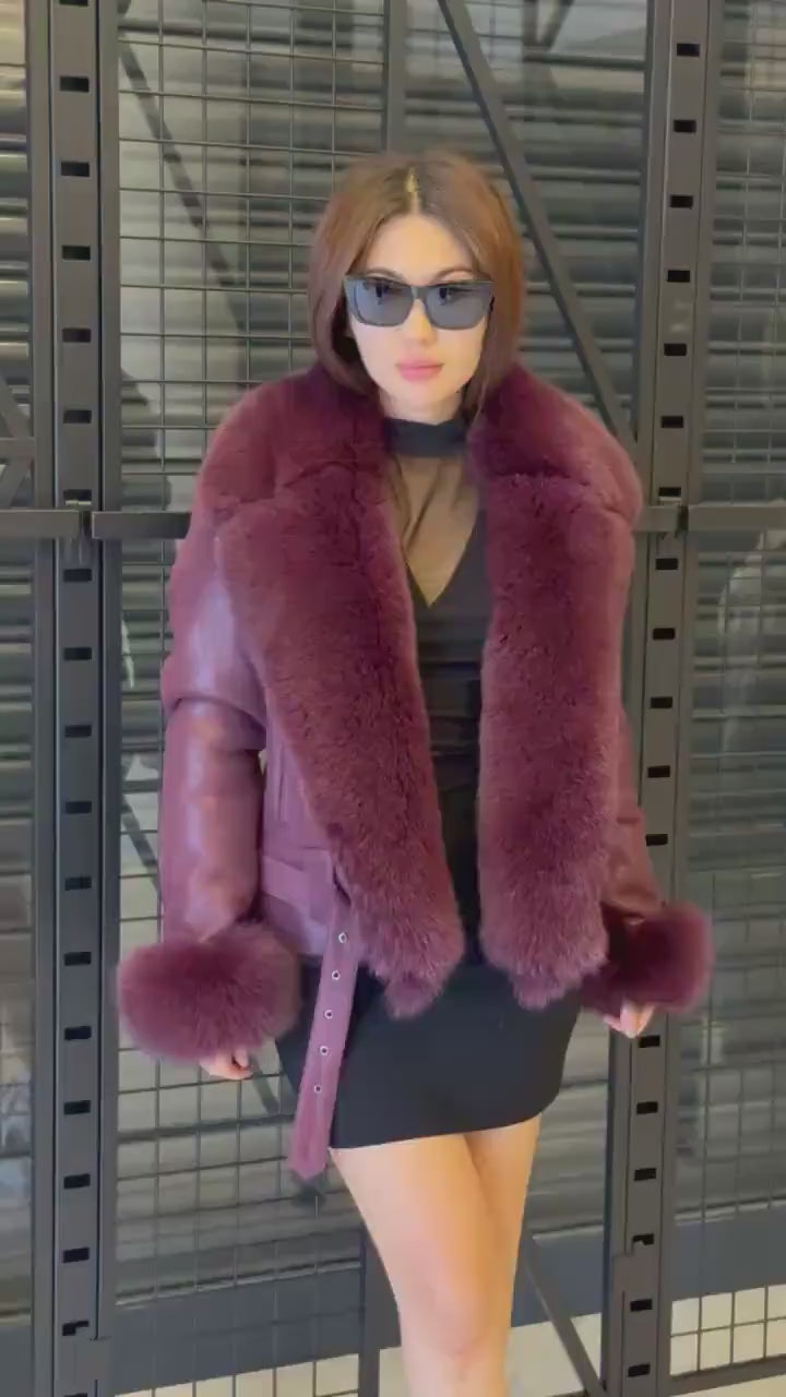 Women’s Burgundy Shearling Coat, Handmade Short Lambskin Front - Fox Fur Jacket