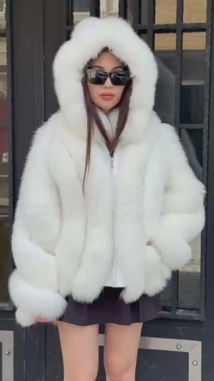 White Shadow Fox Fur Jacket, Luxury Handmade Women Short Fur Coat With Hood
