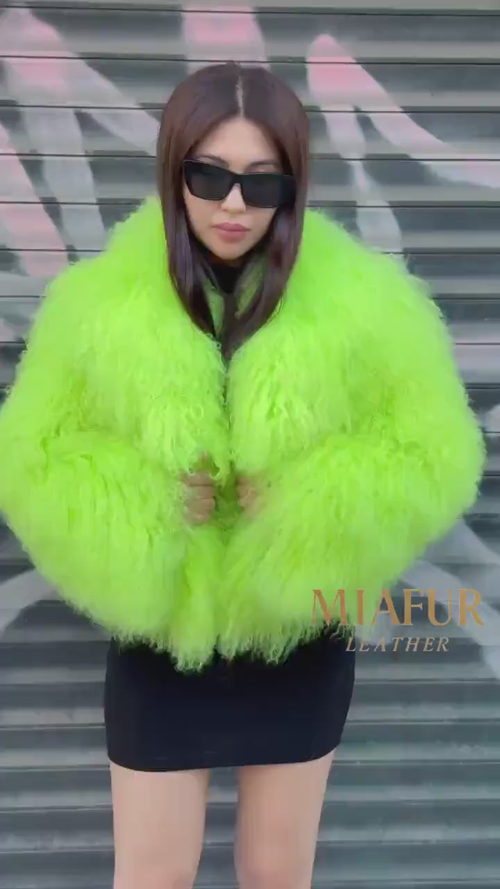 Women’s Neon Green Tibetan Fur Coat, Handmade Shaggy Mongolian Lamb Fur Jacket