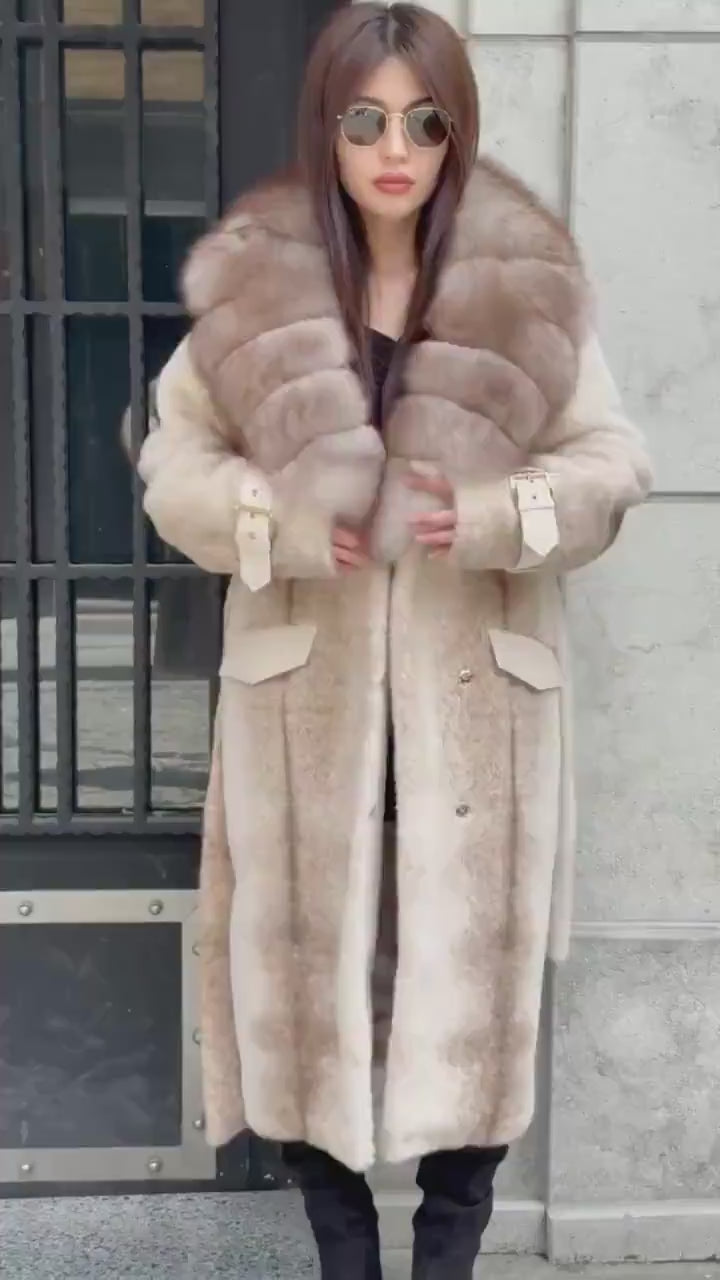 Beige Long Faux Mink Fur Coat, Collar Genuine Fox Fur Jacket. - Women Fox Fur Jacket.. Fox Fur