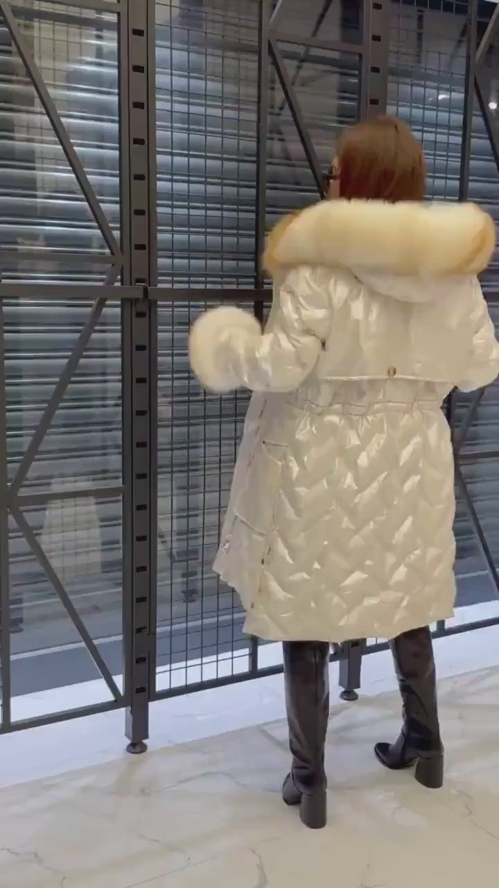 Women’s Glam White Parka Puffer Coat with Removable Fur Trim | Hood Front - Fox Fur Jacket