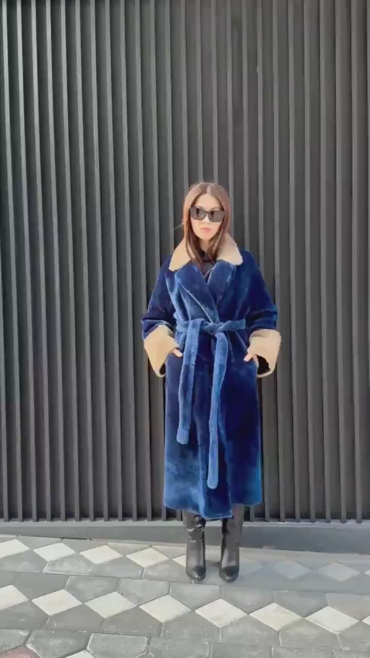 Navy Blue Long Astrakhan Coat, Premium Women’s Collar & Cuffs Mink Fur Shearling Jacket. LIMITED EDITION