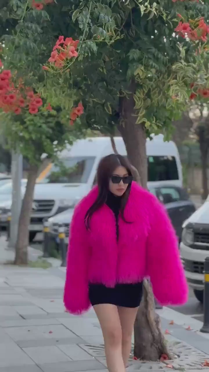 Women’s Neon Pink Tibetan Fur Coat, Handmade  Short Shaggy Mongolian Lamb Fur Jacket