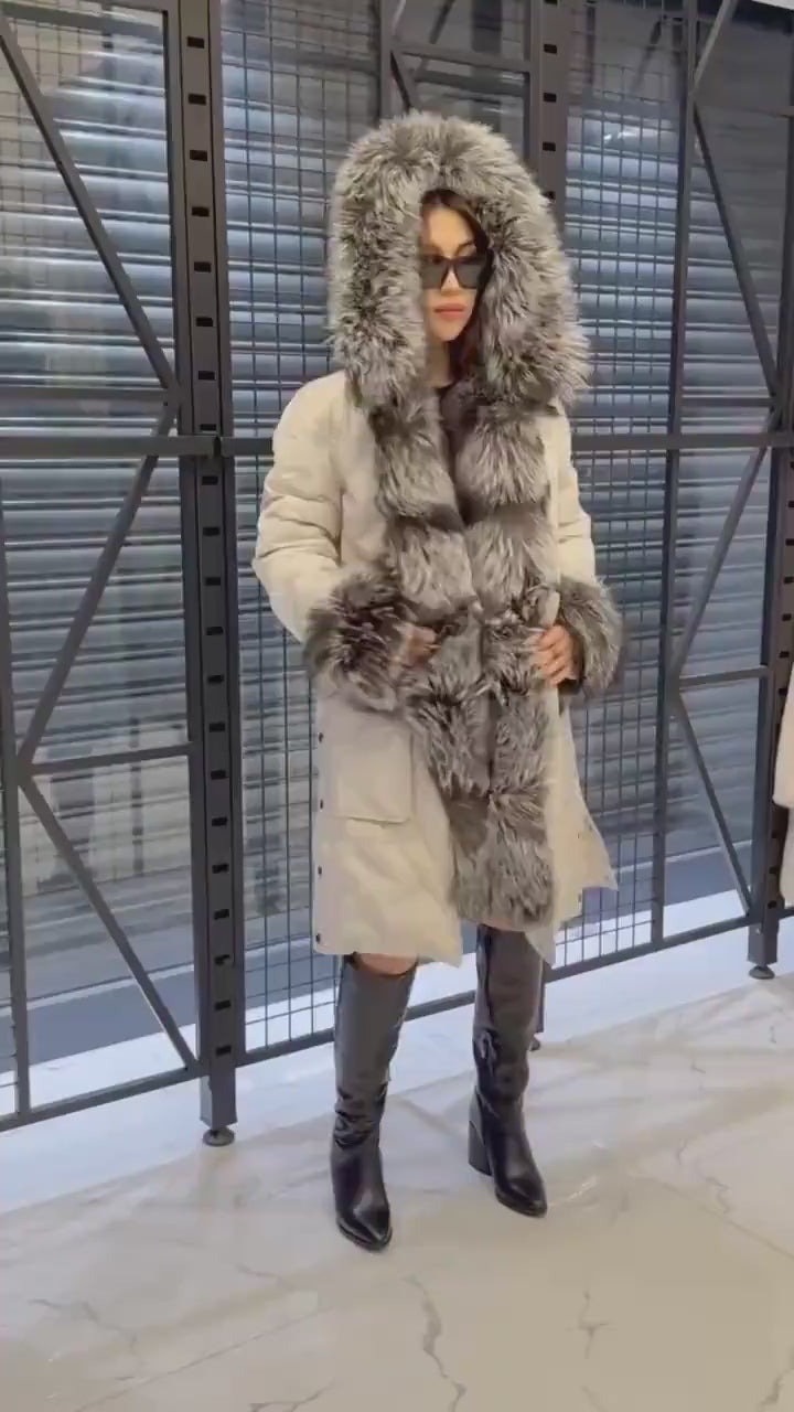Gray Parka Puffer Coat, Women’s Hooded Front Cuffs Frost Fox Fur Jacket