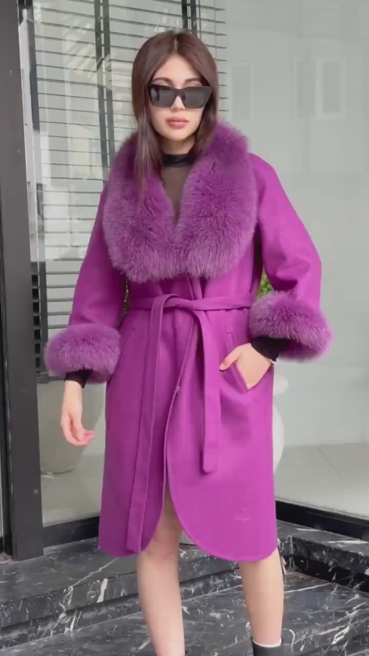 Purple Handmade Women Alpaca Coat With Fox Fur , Luxury Outwear | Natural Alpaca Wool Coat | Soft & Warm – Handmade Women’s Outerwear