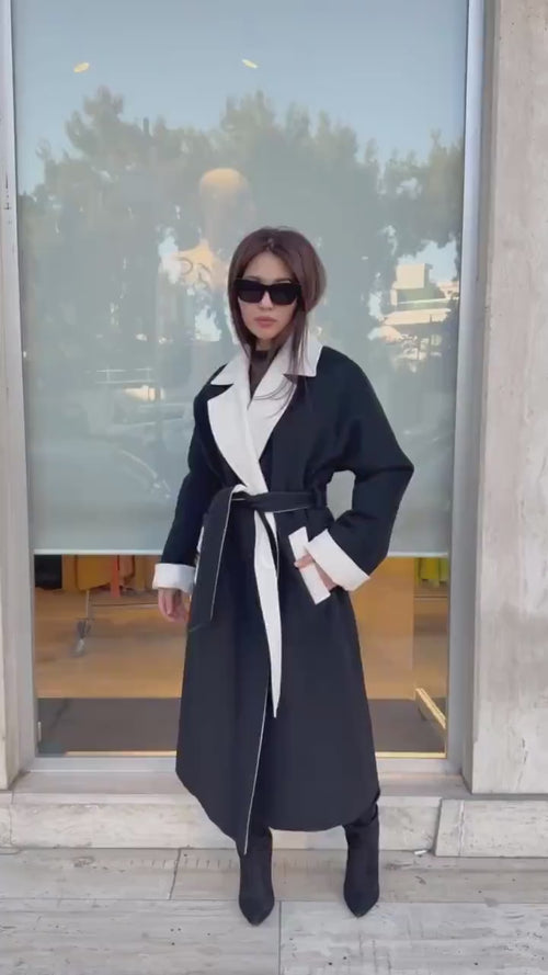 Black - White Long Cashmere Coat, Women’s Handmade Wool Design Jacket