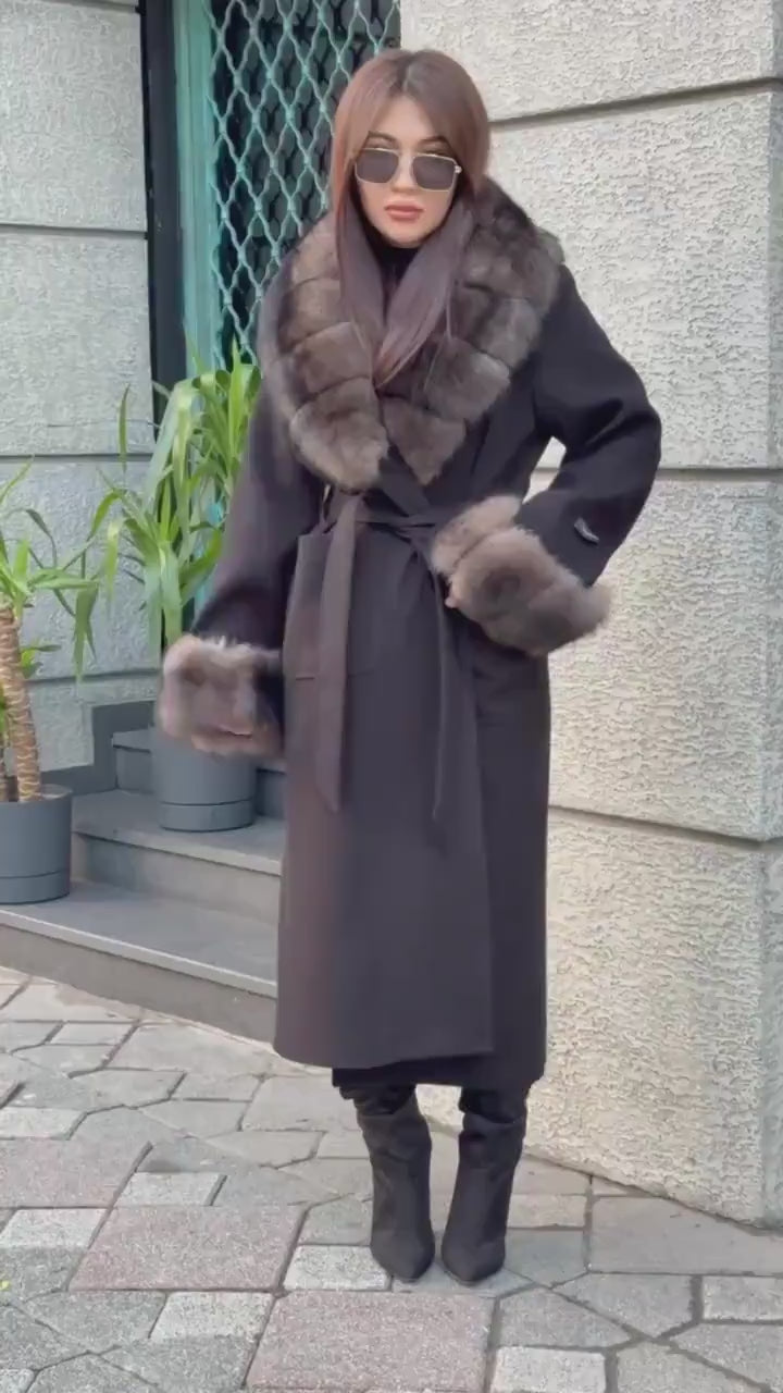 Black Cashmere Collar & Cuffs Fox Fur Jacket, Women Fox Fur Jacket - Collar Fox Fur Jacket. - Sable Brown Fox Fur Cape