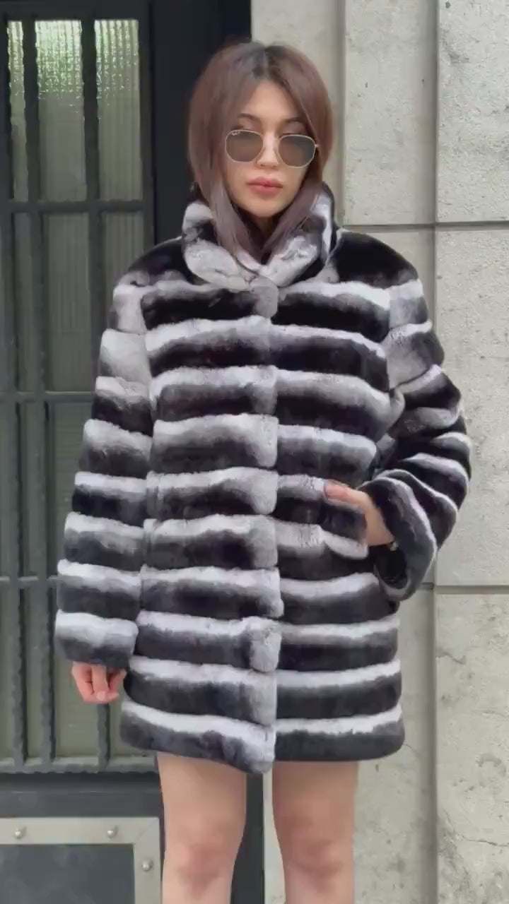 Gray Chinchilla-Style Real Rex Fur Coat | Soft Luxury Fur Jacket for Women | Handmade Winter Transformer Fur Coat | Elegant Custom Outerwear