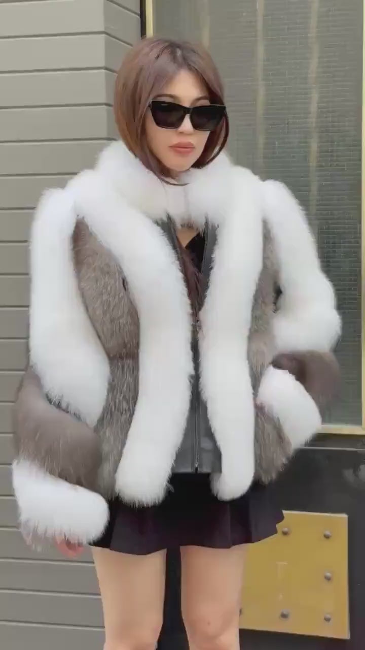 Women Fox Fur Jacket, Slimfit Short White-Silver Fox Fur Coat