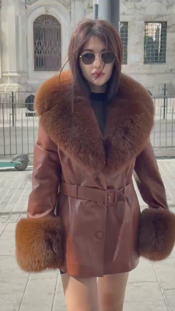Whisky Brown Leather Coat-Collar&Cuffs Huge Fox Fur Jacket, Brown Fox Fur Jacket- Women Fox Fur Jacket— Fox Fur