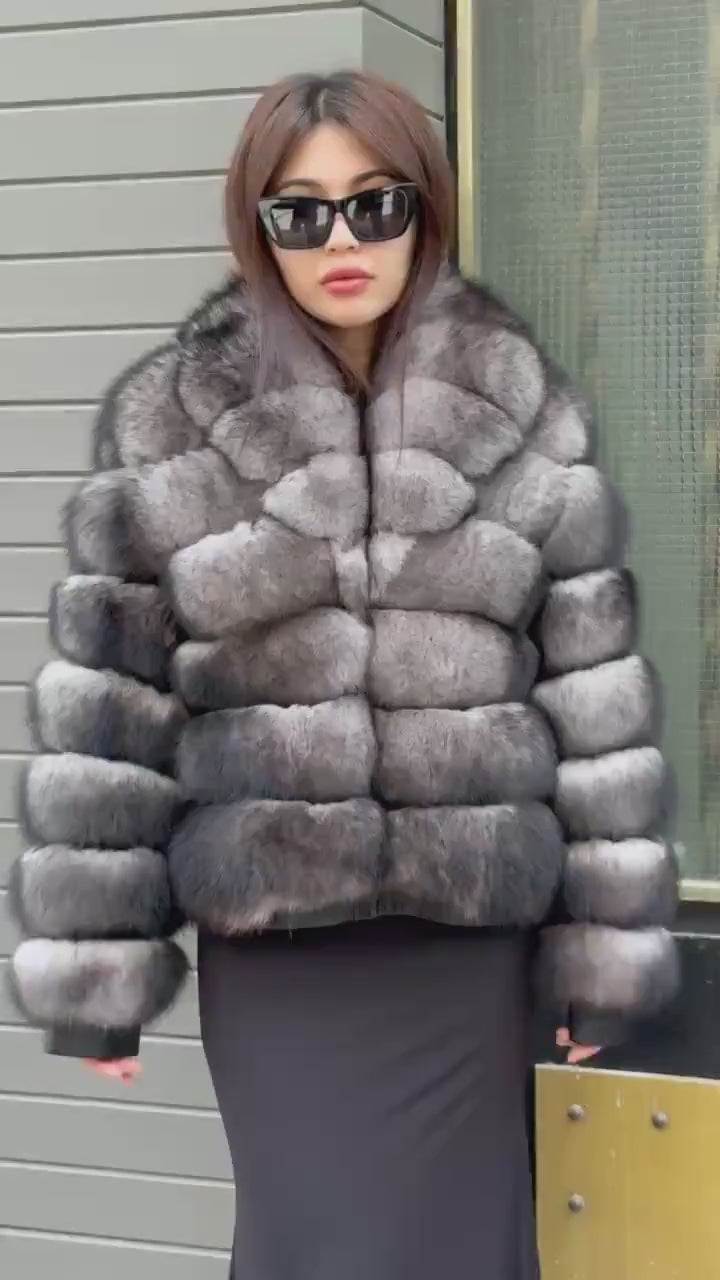 Women’s Gray Fox Fur Jacket, Luxury Handmade Short Fur Coat