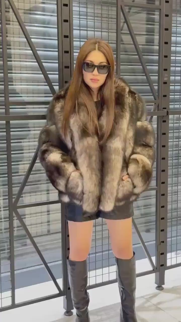 Brown Fox Fur Jacket, Women Shawl Collar Fox Fur Coat- Women Fox Fur Jacket. Premium Fox Fur Coat