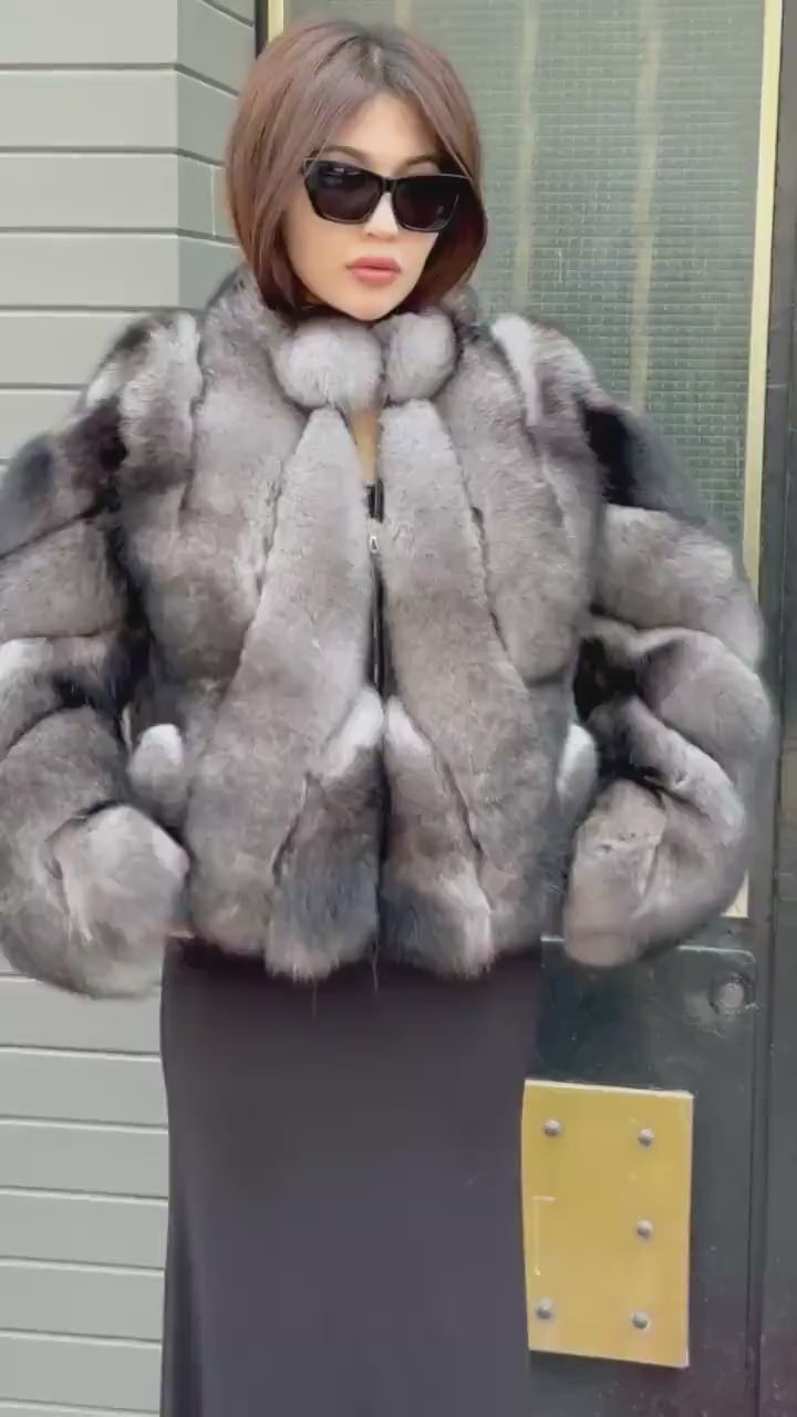 Gray Fox Fur Jacket, Short Women Fox Fur Jacket. Fox Fur Coat. Casual Fox Fur Jacket